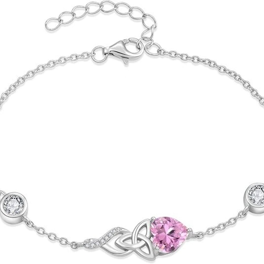 Infinity Celtic Knot Sterling Silver Birthstone Bracelet Oct - Pink Tourmaline